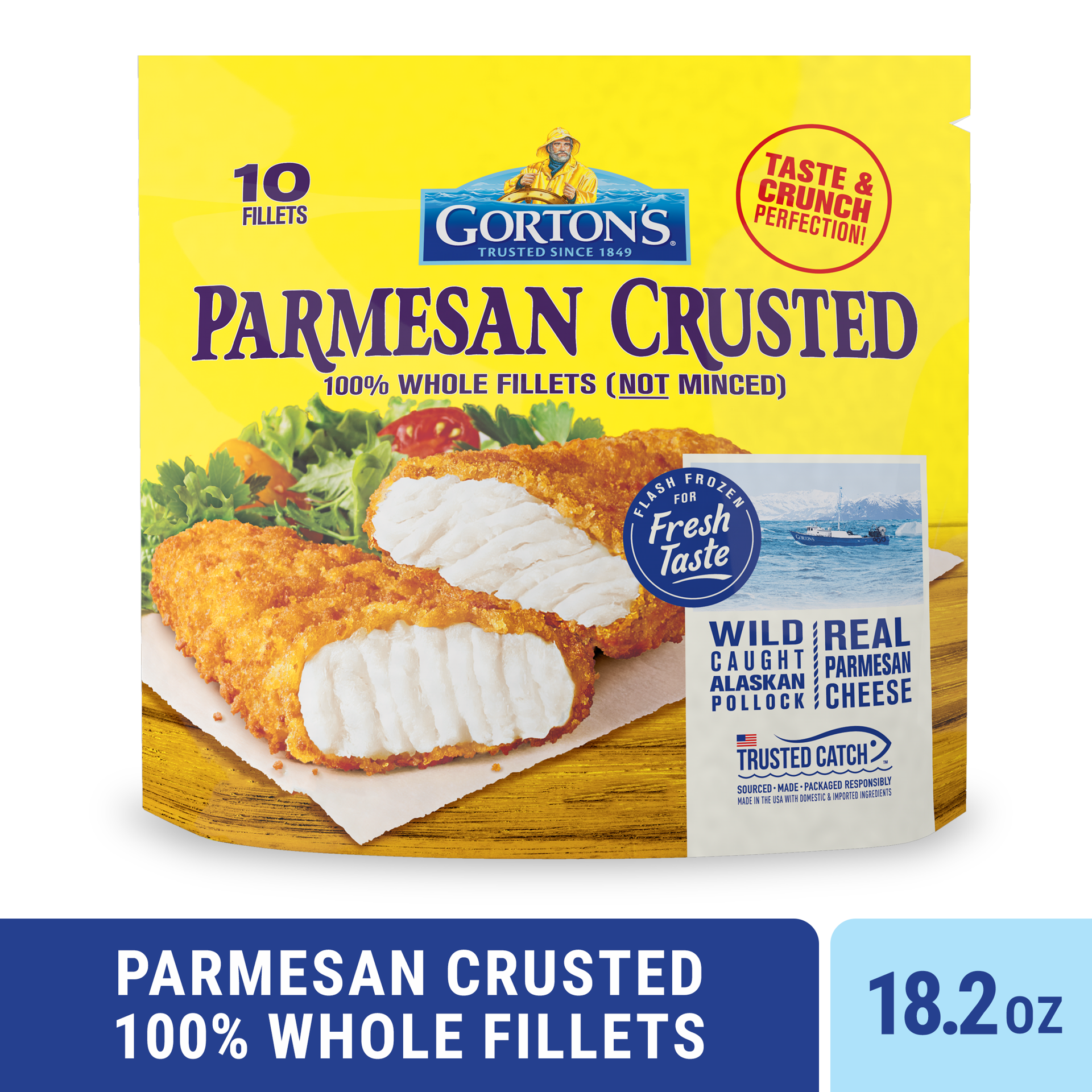 slide 1 of 12, Gorton's Gorton''s Parmesan Crusted Fish 100% Whole Fish Fillets (Not Minced), Wild Caught Alaskan Pollock, Frozen, 10 Count, 18.2 Ounce Resealable Bag, 10 ct