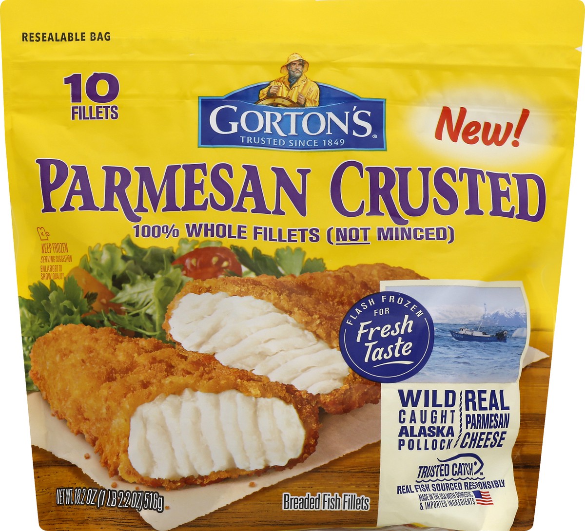 slide 11 of 12, Gorton's Gorton''s Parmesan Crusted Fish 100% Whole Fish Fillets (Not Minced), Wild Caught Alaskan Pollock, Frozen, 10 Count, 18.2 Ounce Resealable Bag, 10 ct