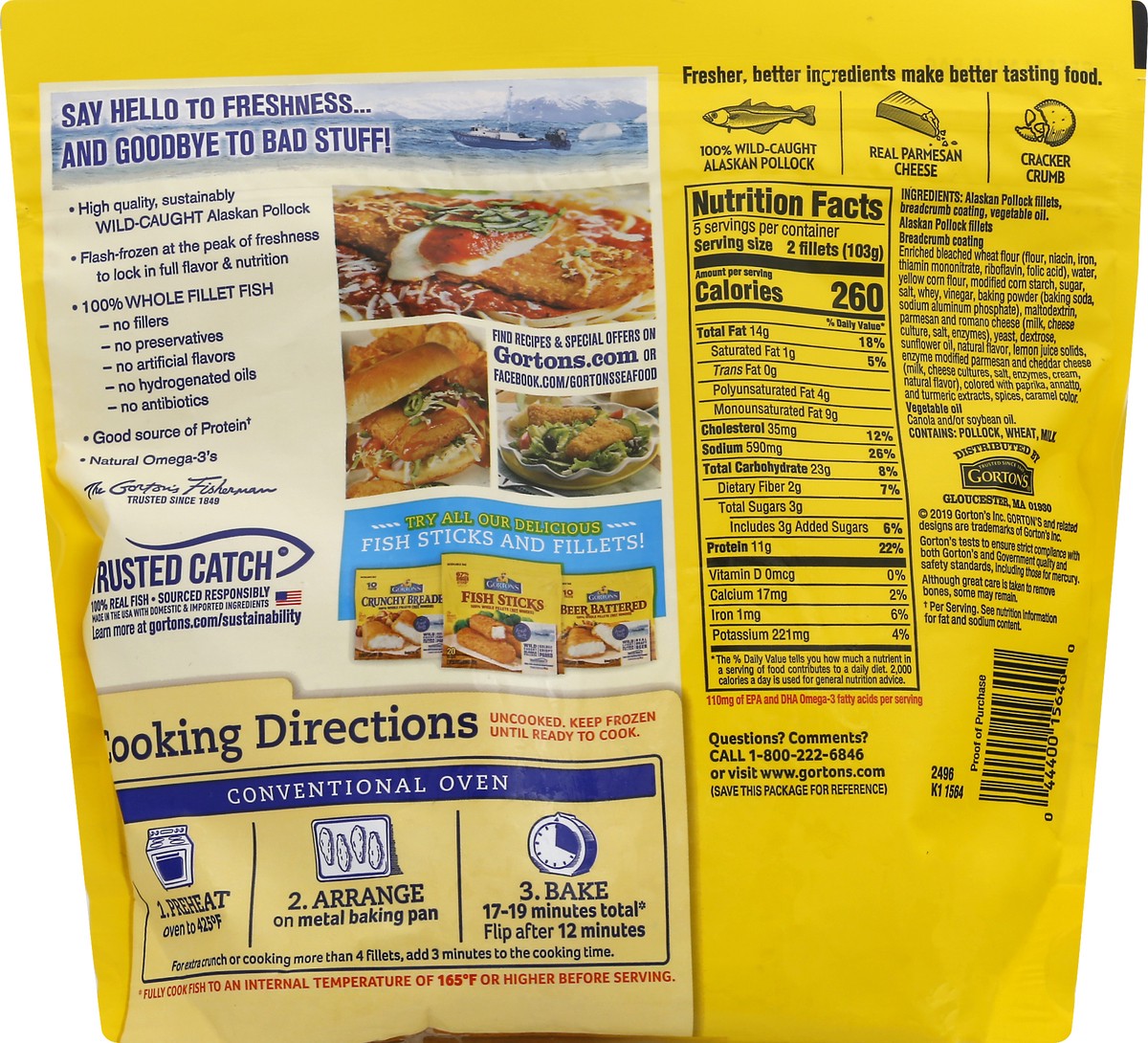 slide 2 of 12, Gorton's Gorton''s Parmesan Crusted Fish 100% Whole Fish Fillets (Not Minced), Wild Caught Alaskan Pollock, Frozen, 10 Count, 18.2 Ounce Resealable Bag, 10 ct