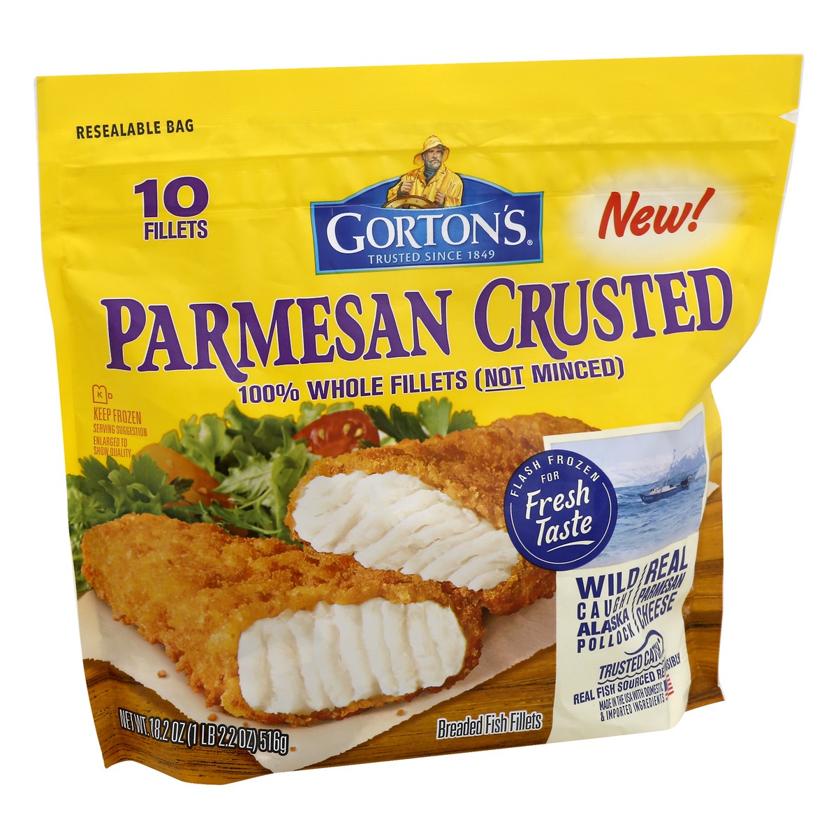 slide 6 of 12, Gorton's Gorton''s Parmesan Crusted Fish 100% Whole Fish Fillets (Not Minced), Wild Caught Alaskan Pollock, Frozen, 10 Count, 18.2 Ounce Resealable Bag, 10 ct