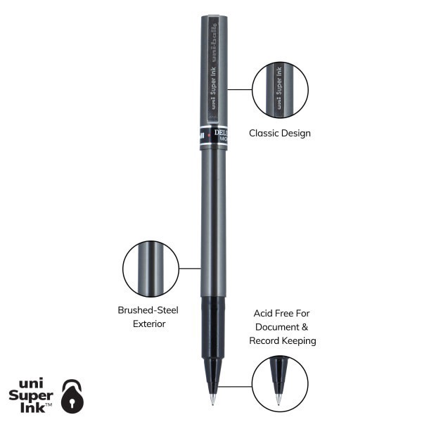 slide 5 of 7, uni-ball Deluxe Rollerball Pens, Micro Point, Graphite Barrel, Black Ink, Pack Of 3, 3 ct