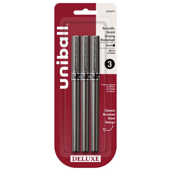 slide 1 of 7, uni-ball Deluxe Rollerball Pens, Micro Point, Graphite Barrel, Black Ink, Pack Of 3, 3 ct