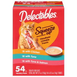 Delectables Squeeze Up Handheld Lickable Treats With Chicken/With Tuna/With Tuna & Salmon Treats for Cats Variety Pack 54 - 0.5 oz Packs