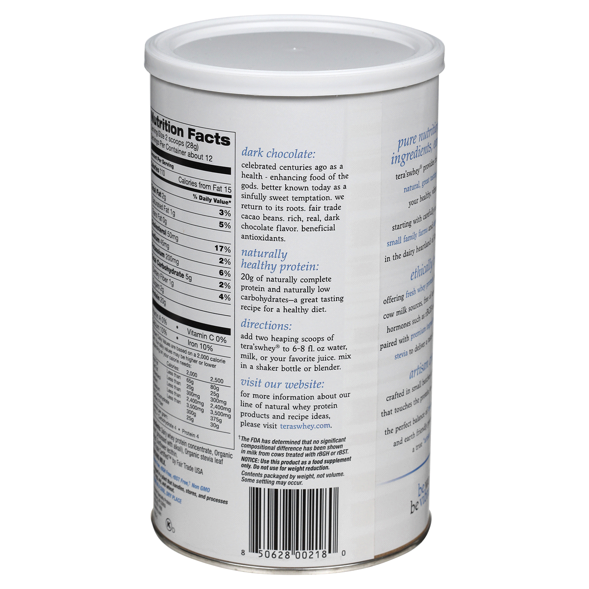 slide 3 of 4, Tera's Whey Simply Pure Grass Fed Dark Chocolate Cocoa Whey Protein 12 oz, 12 oz