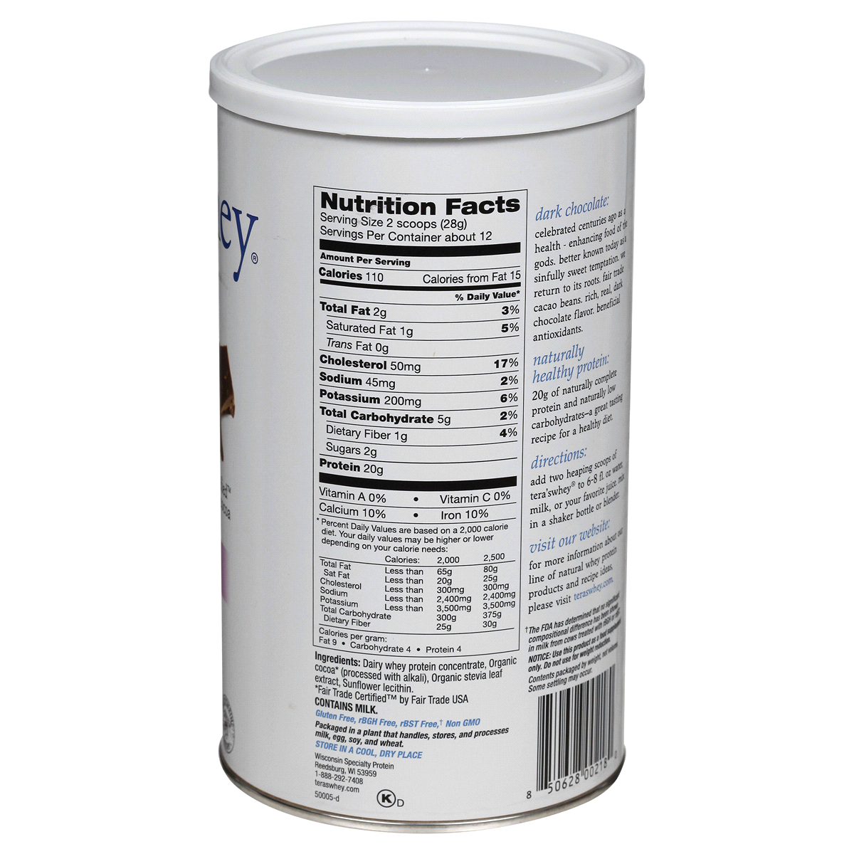 slide 4 of 4, Tera's Whey Simply Pure Grass Fed Dark Chocolate Cocoa Whey Protein 12 oz, 12 oz