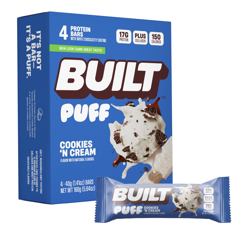 slide 2 of 5, Built Bar BUILT Puff Protein Bar, Cookies 'N Cream, 17g Protein, Collagen Snacks, 5.64 oz
