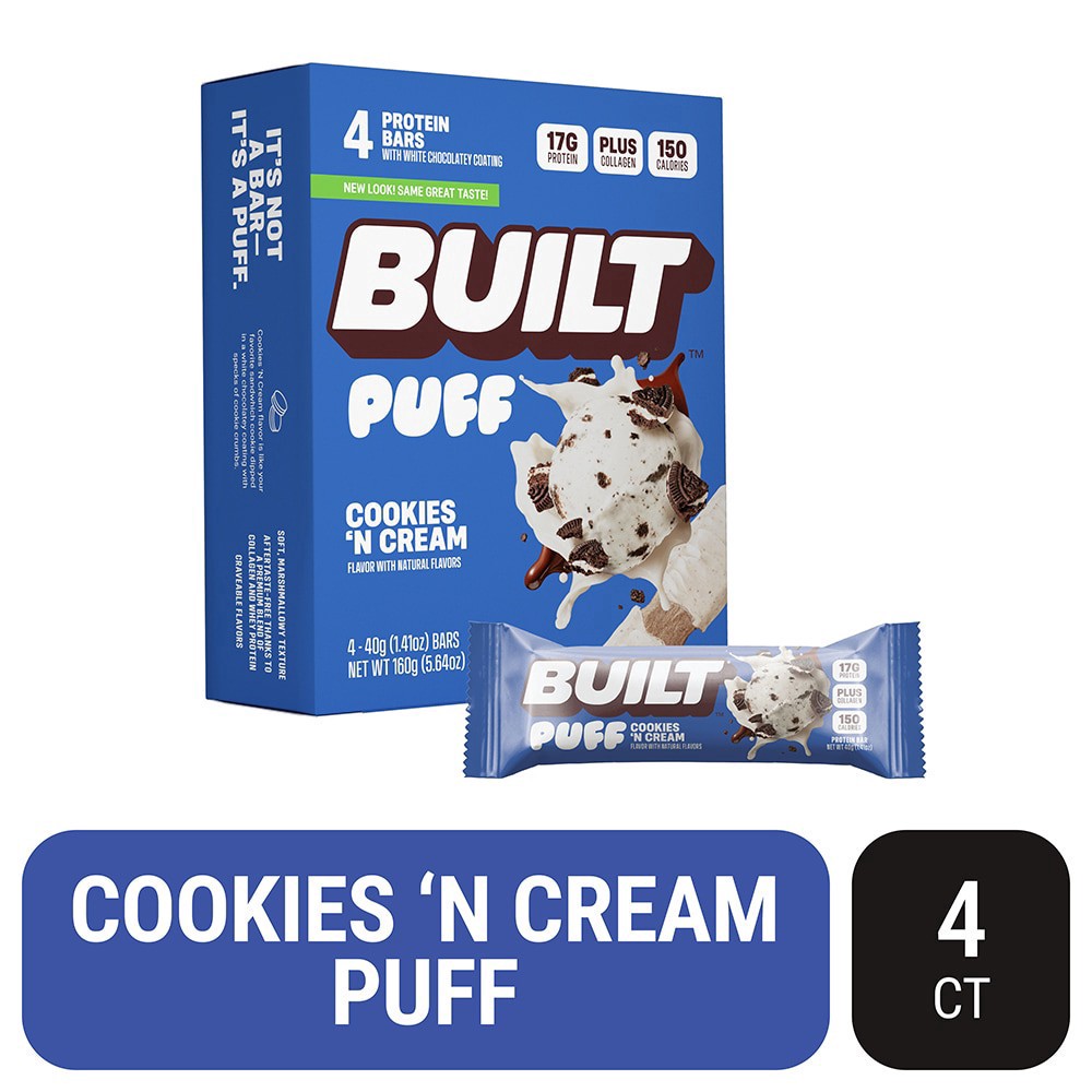 slide 5 of 5, Built Bar BUILT Puff Protein Bar, Cookies 'N Cream, 17g Protein, Collagen Snacks, 5.64 oz