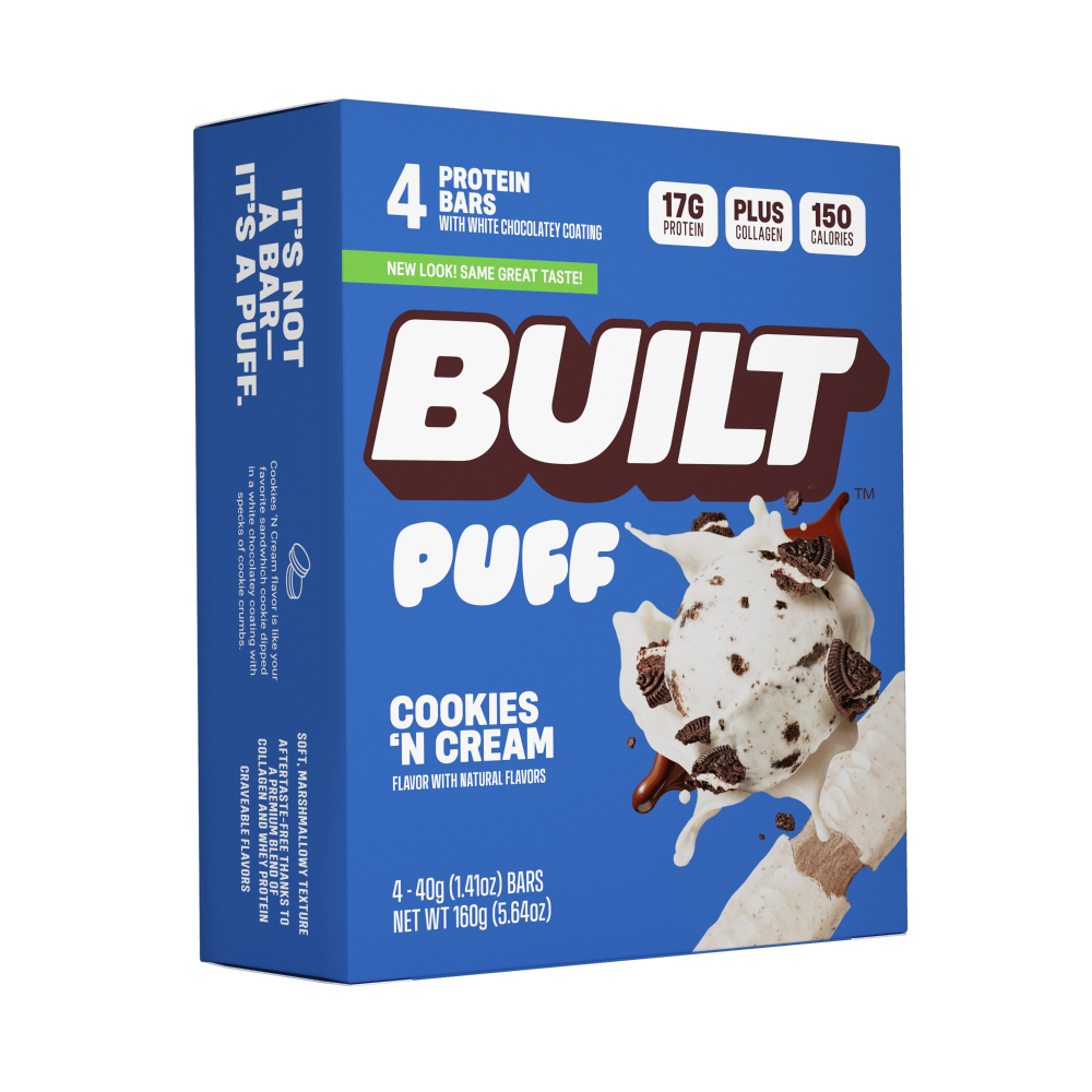 slide 3 of 5, Built Bar BUILT Puff Protein Bar, Cookies 'N Cream, 17g Protein, Collagen Snacks, 5.64 oz