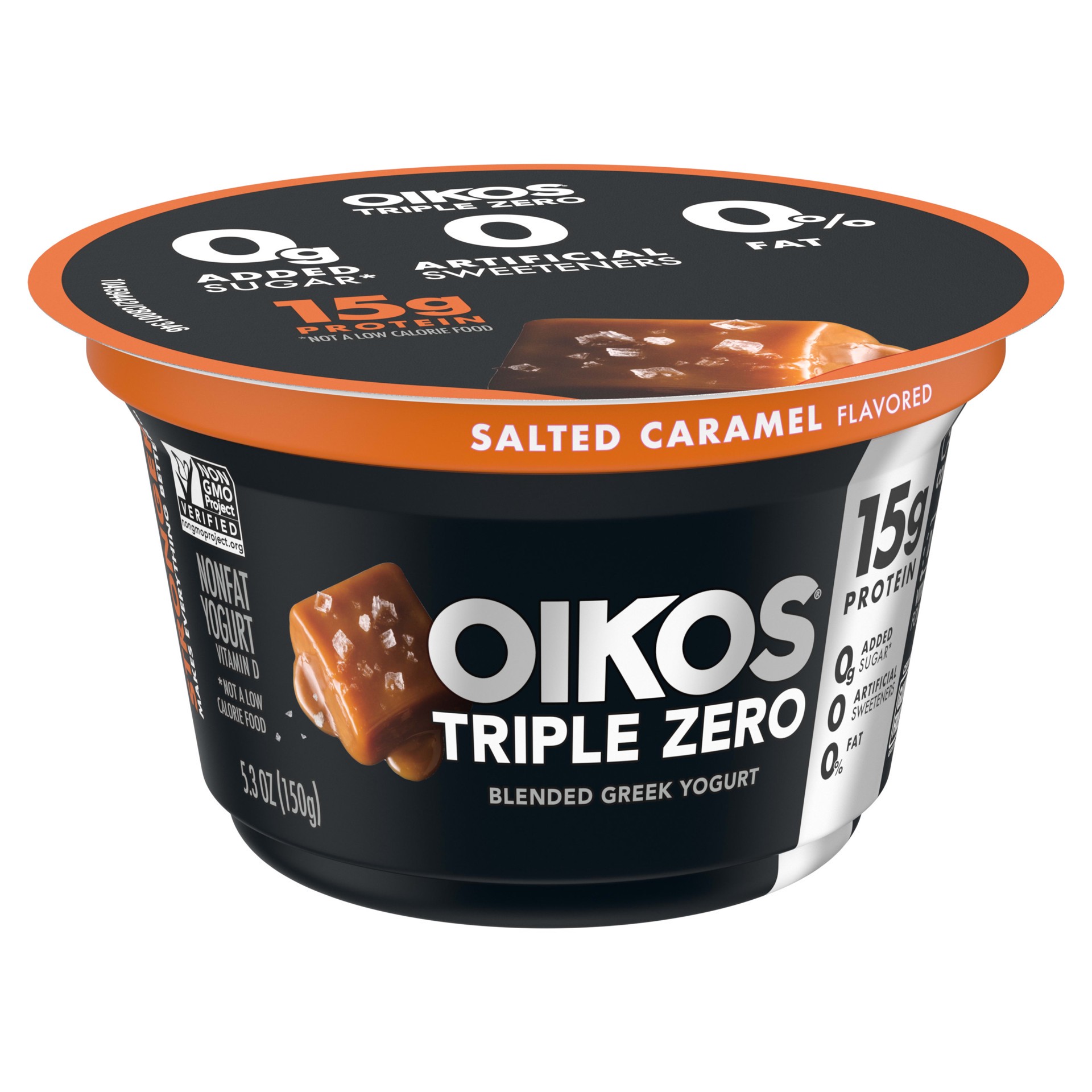 slide 5 of 5, Dannon Oikos Triple Zero Greek Non Fat Salted Caramel Yogurt, 5.3 oz