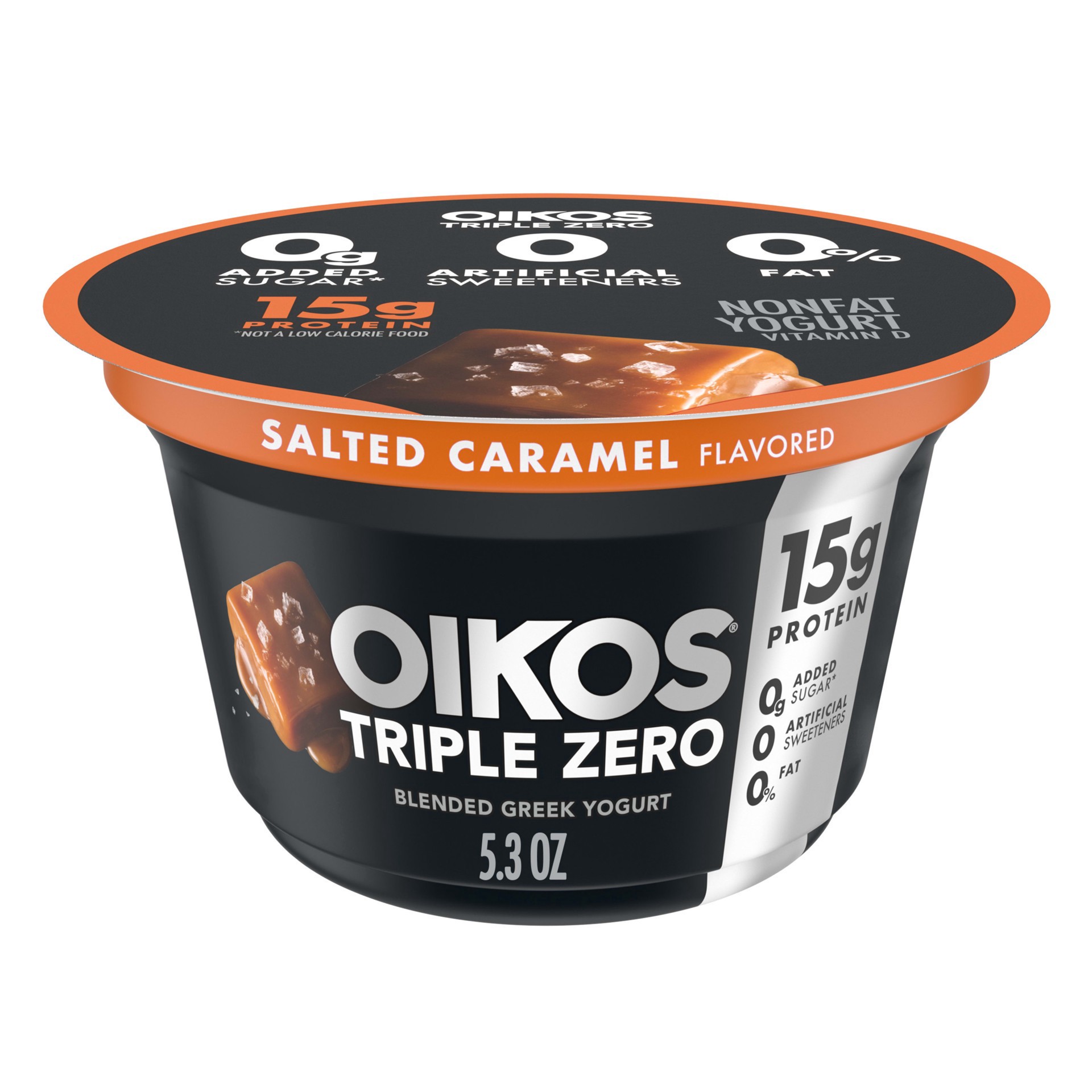 slide 1 of 5, Dannon Oikos Triple Zero Greek Non Fat Salted Caramel Yogurt, 5.3 oz