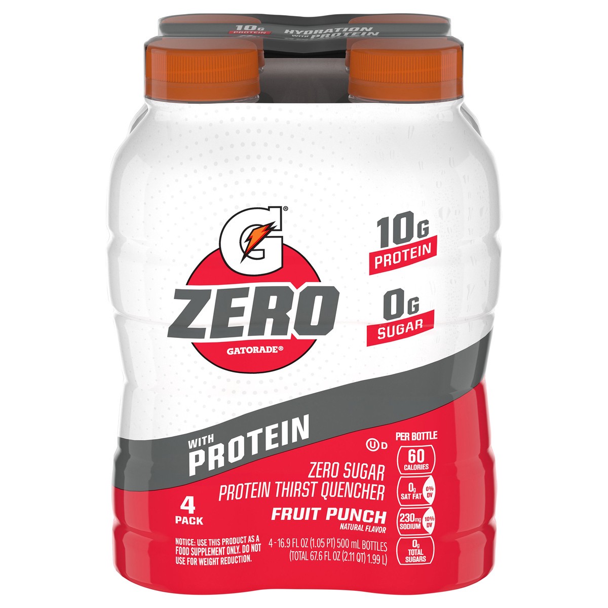 slide 1 of 1, Gatorade Zero Zero Sugar Protein Thirst Quencher Fruit Punch Natural Flavor 16.9 Fl Oz 4 Count Bottles, 4 ct, 16.9 fl oz