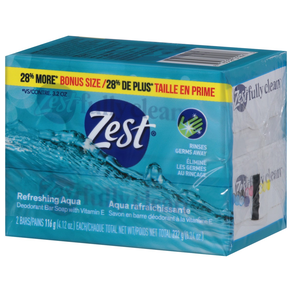 slide 16 of 16, Zest Refreshing Aqua Deodorant Bar Soap with Vitamin E Bonus Size 2 - 4.12 oz Bars, 2 ct