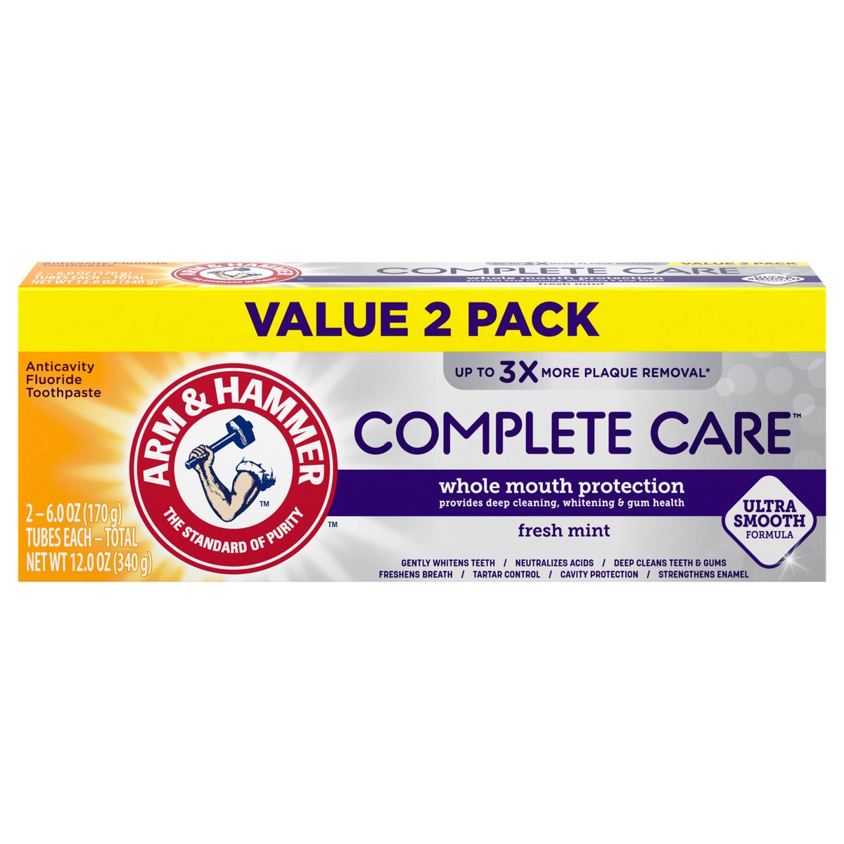 slide 1 of 2, ARM & HAMMER Complete Care Toothpaste 2-Pack, Fresh Mint Flavor, Whole Mouth Protection, Two 6.0oz Tubes, 2 ct