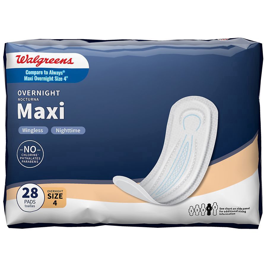 slide 1 of 5, Walgreens Maxi Pads, Overnight, Wingless Size 4 (ct. 28), 28 ct