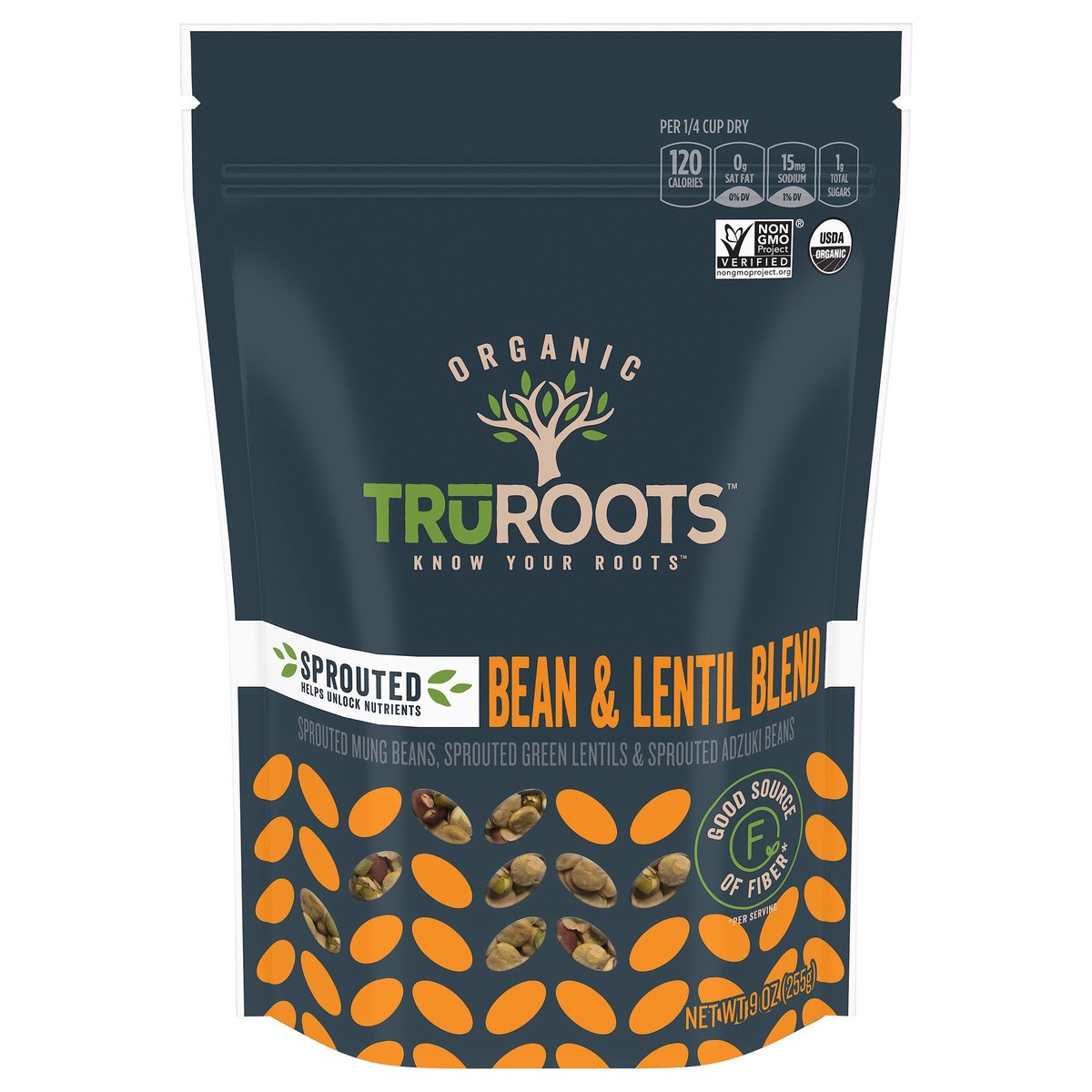 slide 1 of 9, truRoots Organic Sprouted Bean and Lentil Blend, 9 Ounces, Certified USDA Organic, Non-GMO Project Verified, 9 oz