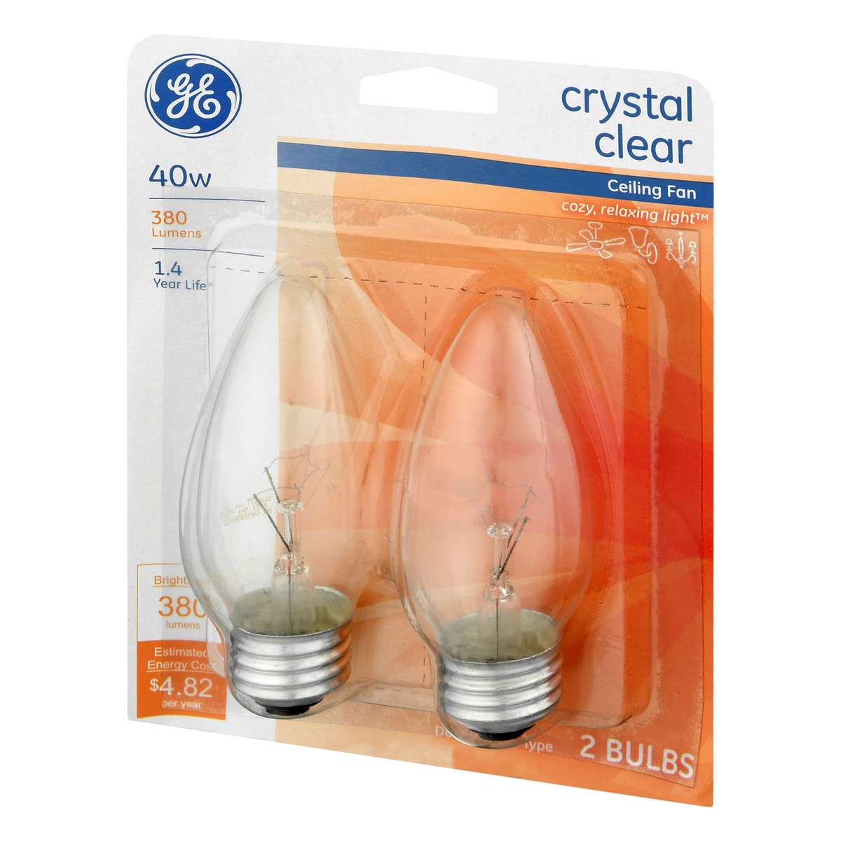 slide 5 of 10, GE Lighting 12993 40 Watt Crystal Clear Blunt Tip Ceiling Fan Bulbs, 2 ct