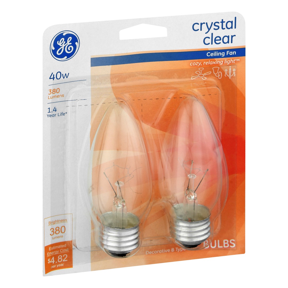 slide 6 of 10, GE Lighting 12993 40 Watt Crystal Clear Blunt Tip Ceiling Fan Bulbs, 2 ct