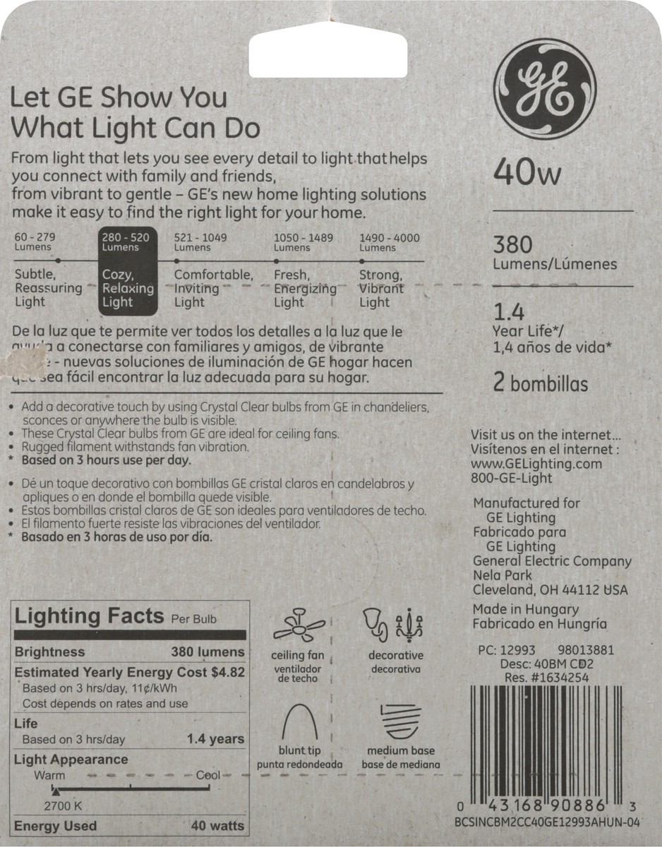 slide 7 of 10, GE Lighting 12993 40 Watt Crystal Clear Blunt Tip Ceiling Fan Bulbs, 2 ct
