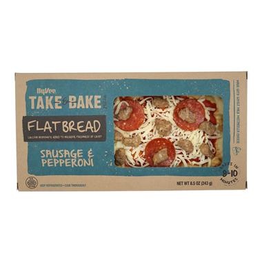 slide 1 of 1, Hy-Vee Take & Bake Sausage Pepperoni Flatbread Pizza, 8.5 oz
