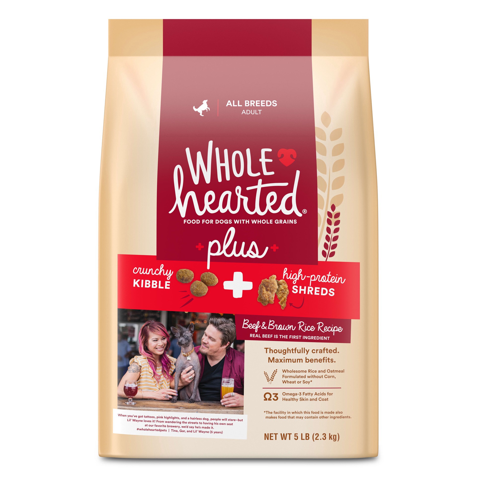 slide 1 of 1, WholeHearted Plus Beef & Brown Rice Recipe with Whole Grains Plus Dry Dog Food, 5 lbs., 1 ct