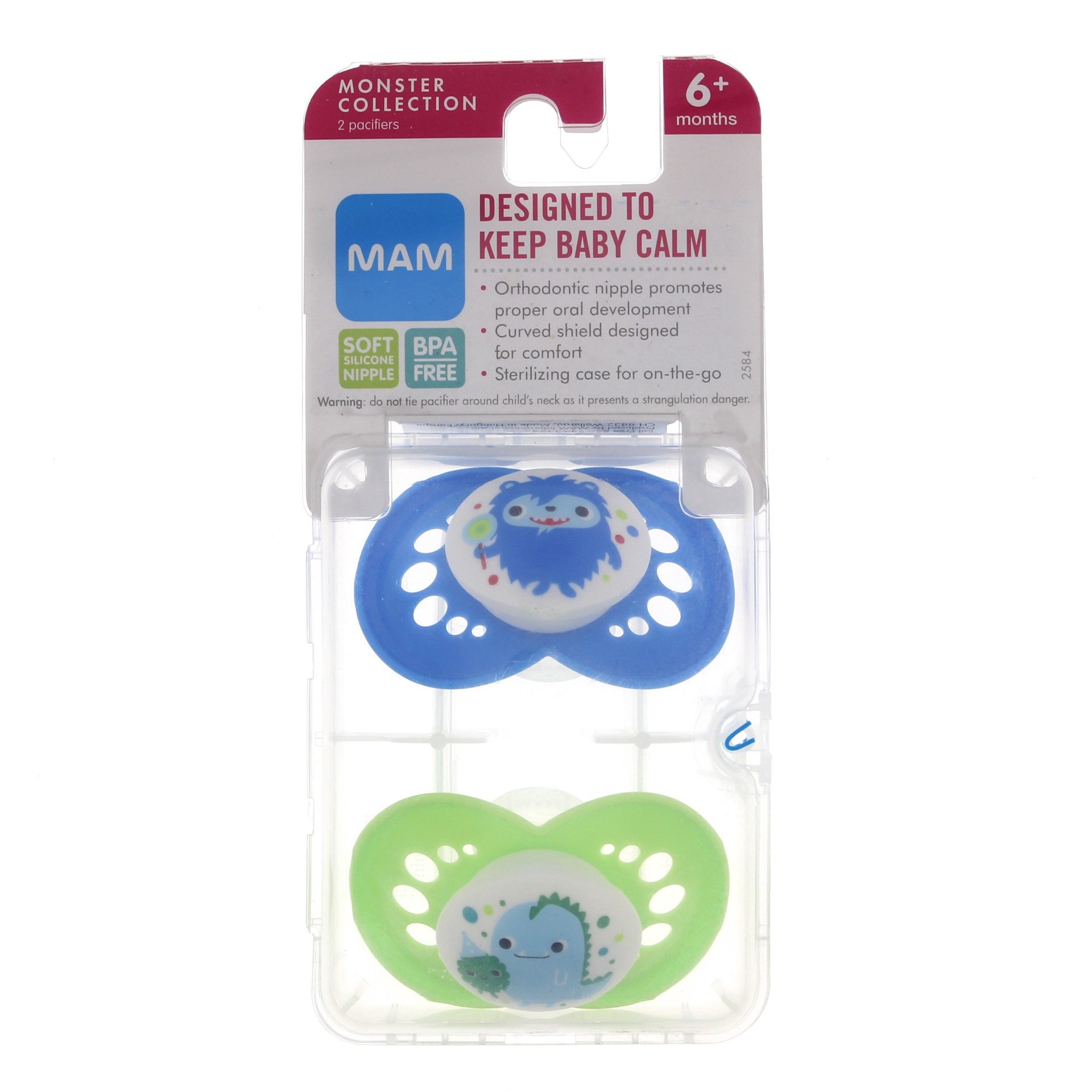 slide 1 of 1, MAM Monsters Pacifier Silicone Blue and Green, 2 ct