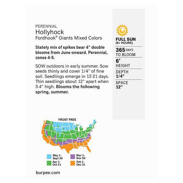 slide 2 of 5, Burpee Hollyhock Fordhook Giants Mix Seeds, 1 ct