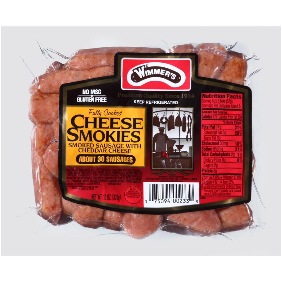 slide 1 of 6, Wimmer's Cheese Smokies Smoked Sausage With Cheddar Cheese, 13 oz