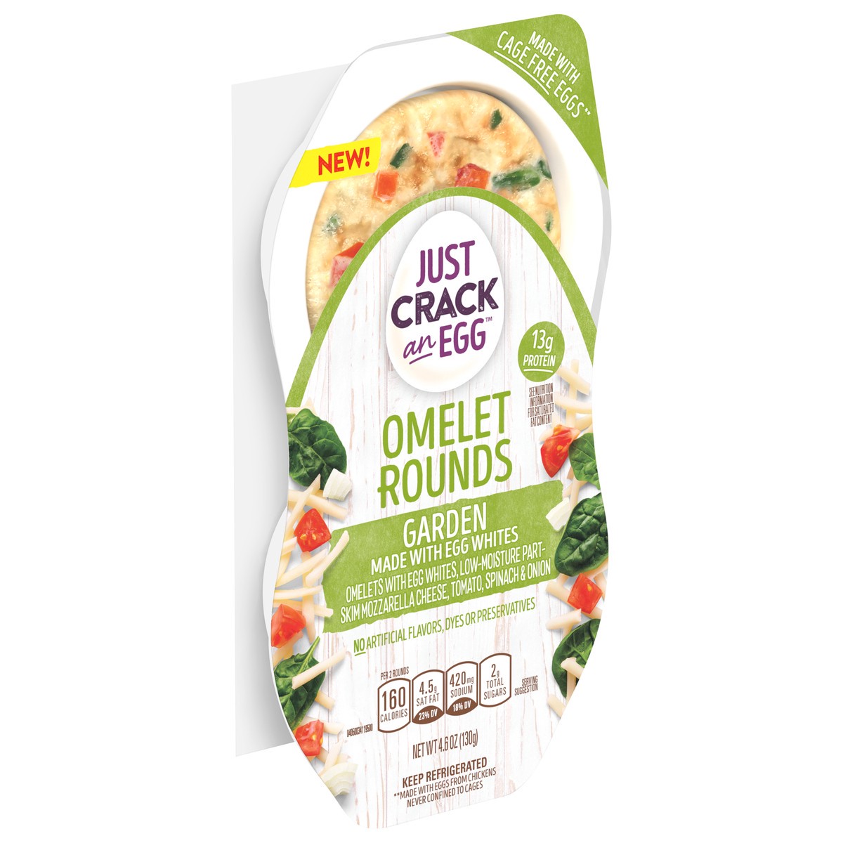 slide 5 of 10, Just Crack an Egg Omelet Rounds Garden Egg Bites with Egg Whites, Mozzarella Cheese, Tomato, Spinach and Onion, 2 ct. Pack, 4.6 oz