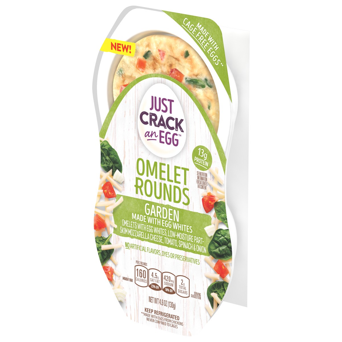 slide 10 of 10, Just Crack an Egg Omelet Rounds Garden Egg Bites with Egg Whites, Mozzarella Cheese, Tomato, Spinach and Onion, 2 ct. Pack, 4.6 oz