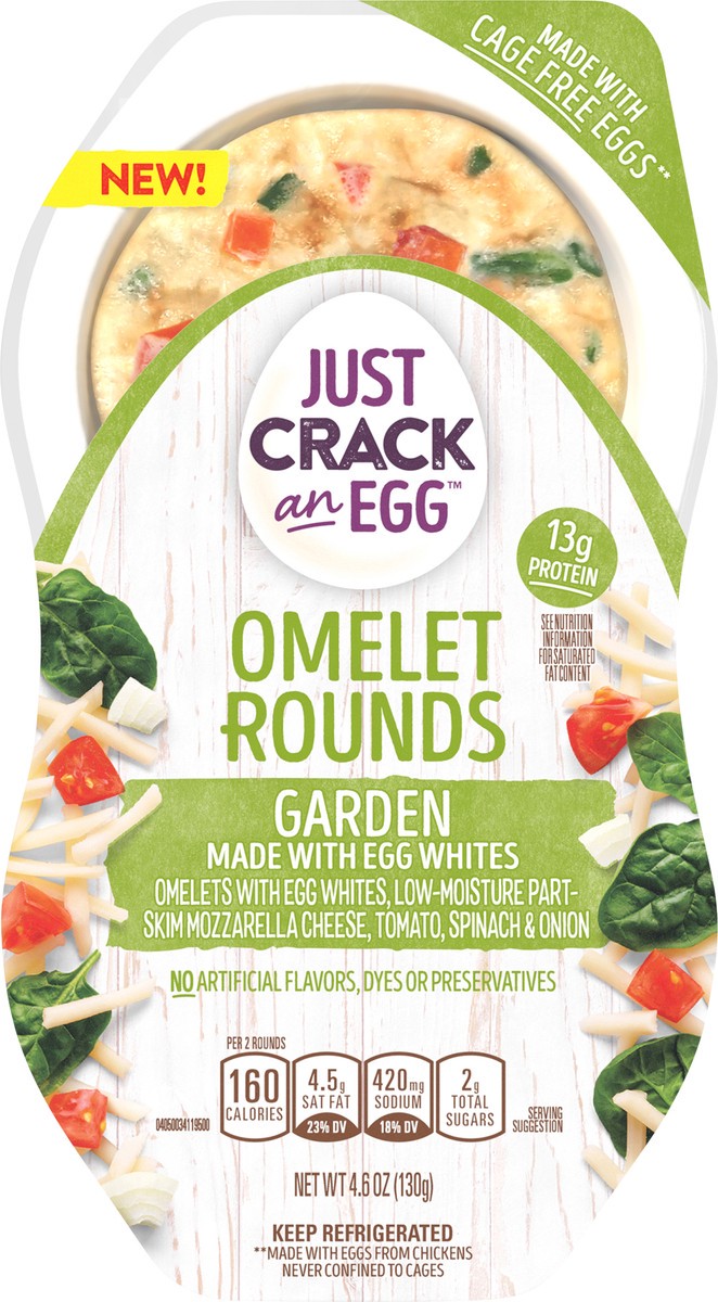 slide 7 of 10, Just Crack an Egg Omelet Rounds Garden Egg Bites with Egg Whites, Mozzarella Cheese, Tomato, Spinach and Onion, 2 ct. Pack, 4.6 oz