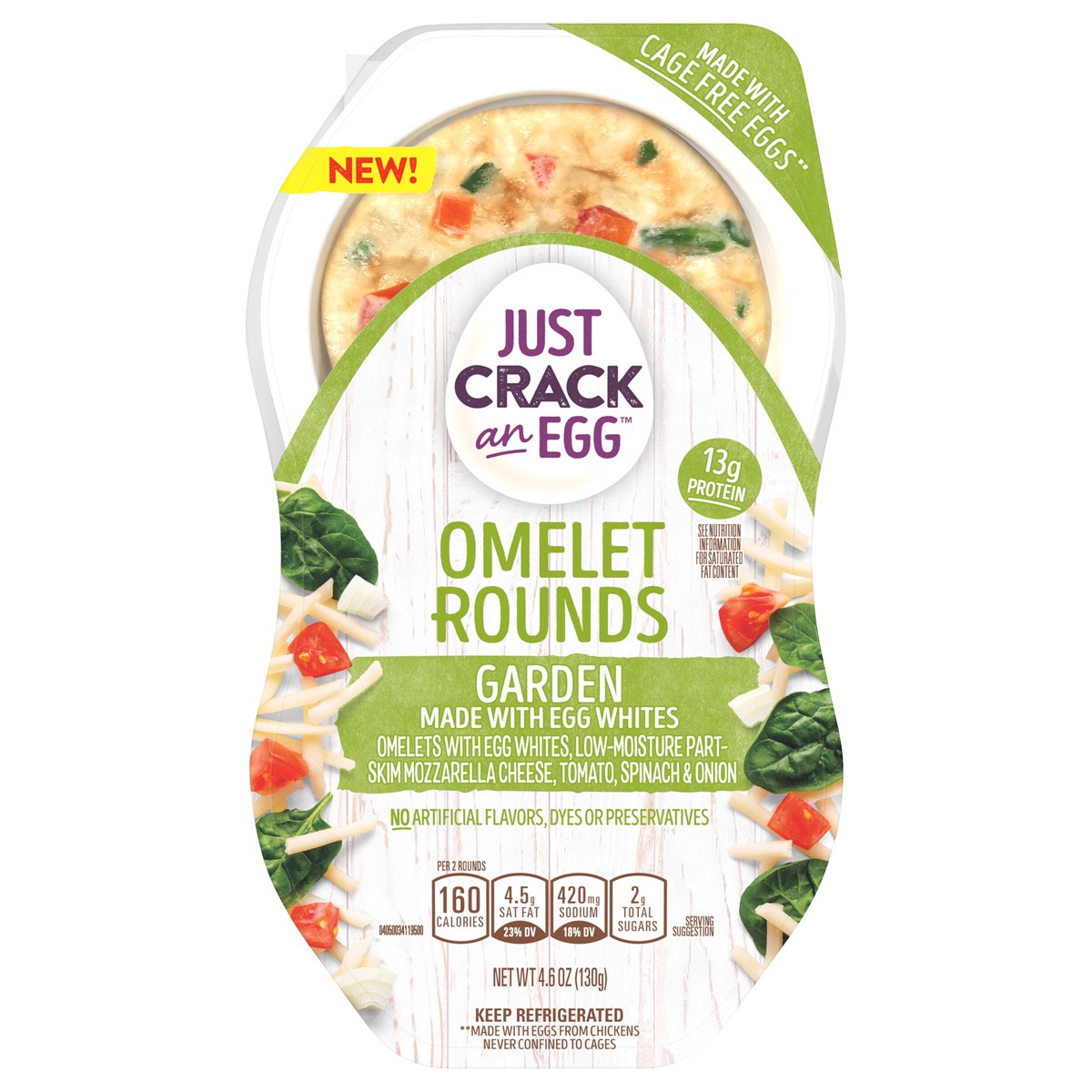 slide 1 of 10, Just Crack an Egg Omelet Rounds Garden Egg Bites with Egg Whites, Mozzarella Cheese, Tomato, Spinach and Onion, 2 ct. Pack, 4.6 oz