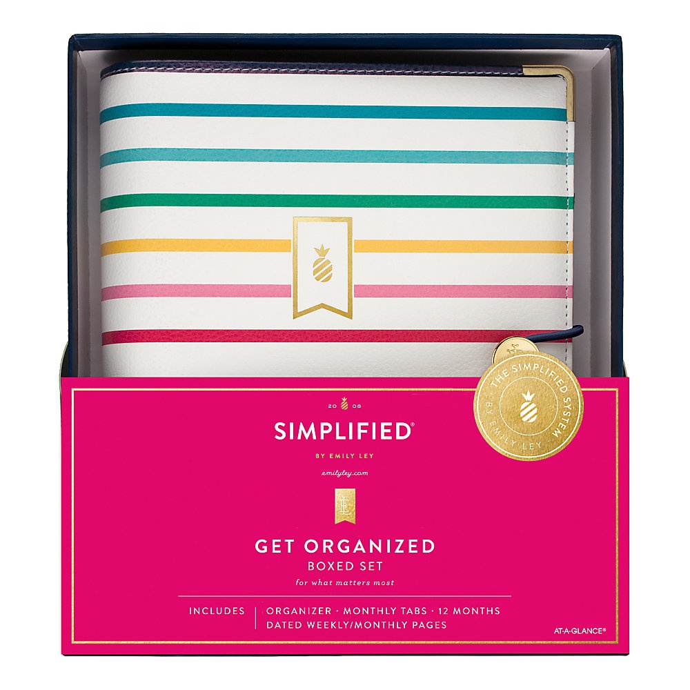 slide 1 of 1, At-A-Glance Simplified By Emily Ley Weekly/Monthly Organizer Gift Set, 5-1/2'' X 8-1/2'', Pineapple Stripe, January To December 2020, El100-411, 1 ct