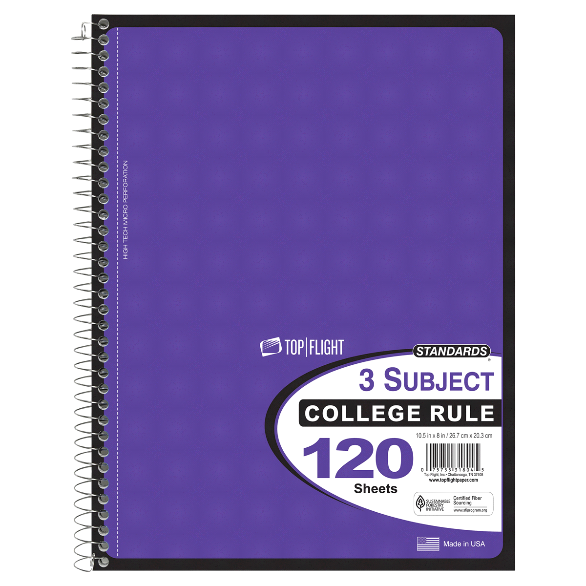 slide 1 of 1, Top Flight Standards 120 Sheets 3 Subject College Rule Notebook 1 ea, 120 ct