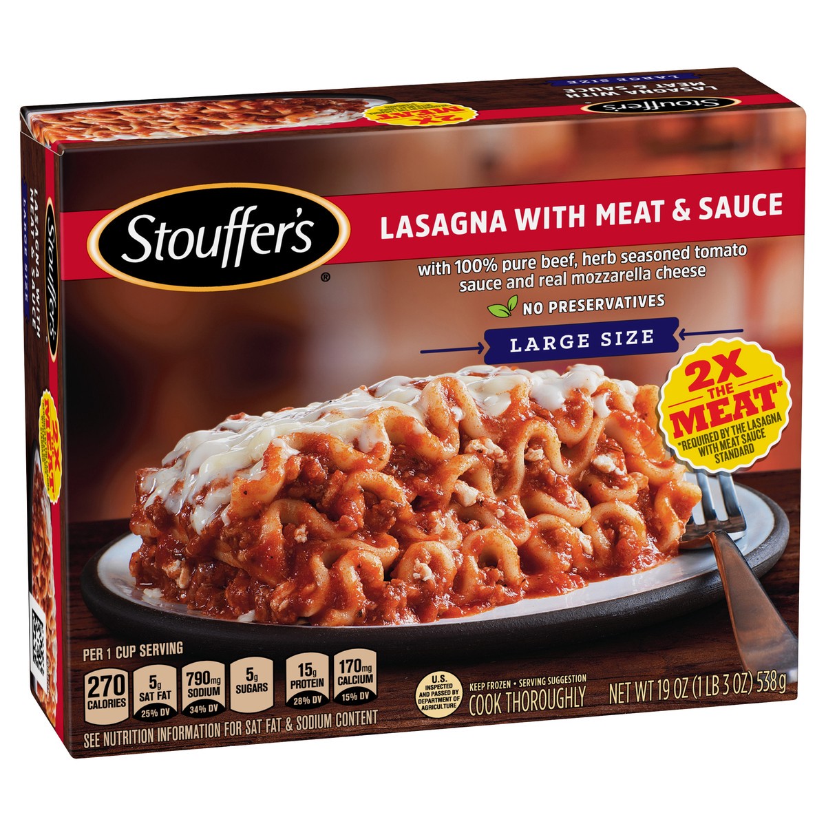slide 2 of 8, Stouffer's Large Size Lasagna with Meat and Sauce Frozen Meal, 19 oz