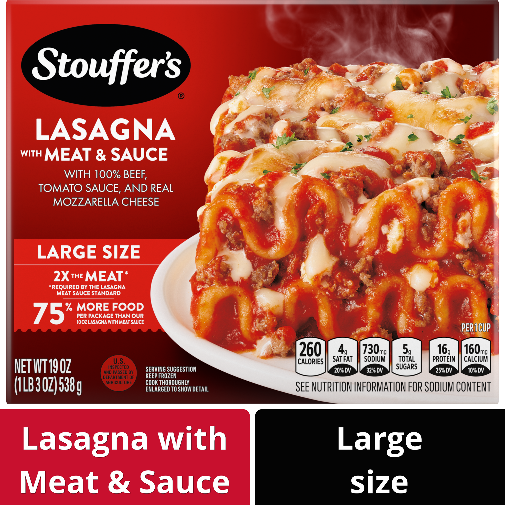 slide 1 of 8, Stouffer's Large Size Lasagna with Meat and Sauce Frozen Meal, 19 oz