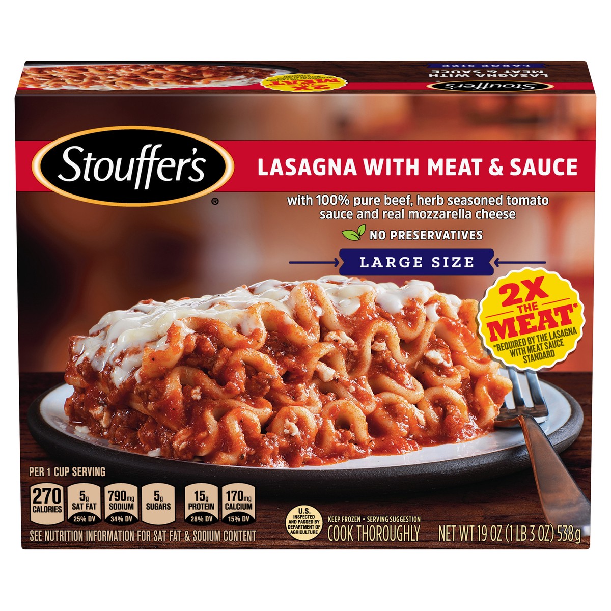 slide 1 of 8, Stouffer's Large Size Lasagna with Meat and Sauce Frozen Meal, 19 oz