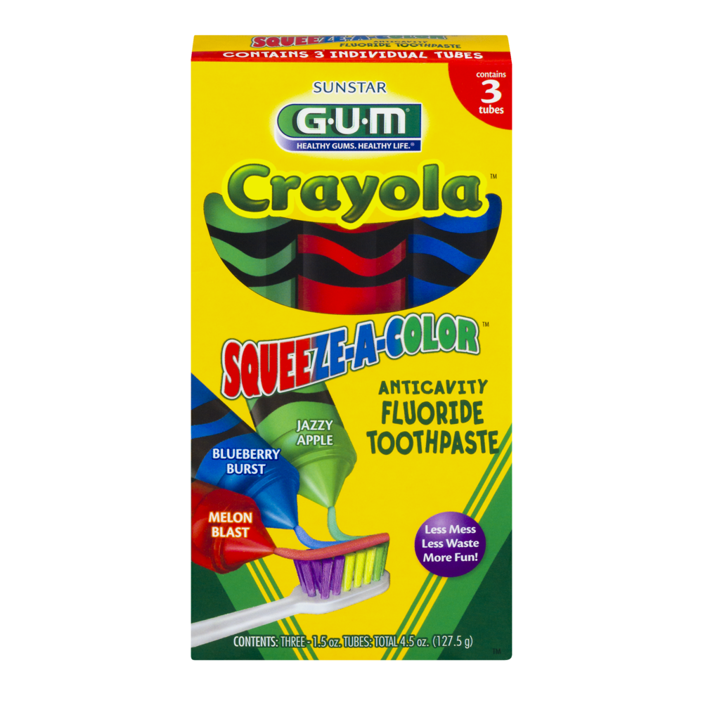 slide 1 of 1, G-U-M Crayola Squeeze-A-Color Anti-Cavity Fluoride Toothpaste, 3 ct