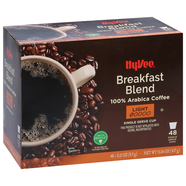 slide 1 of 1, Hy-vee Light Roast Breakfast Blend 100% Arabica Coffee Single Serve Cups - 48 ct, 48 ct