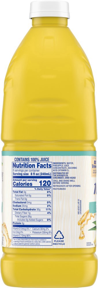 slide 2 of 3, Kroger No Sugar Added 100 Pineapple Juice, 64 fl oz
