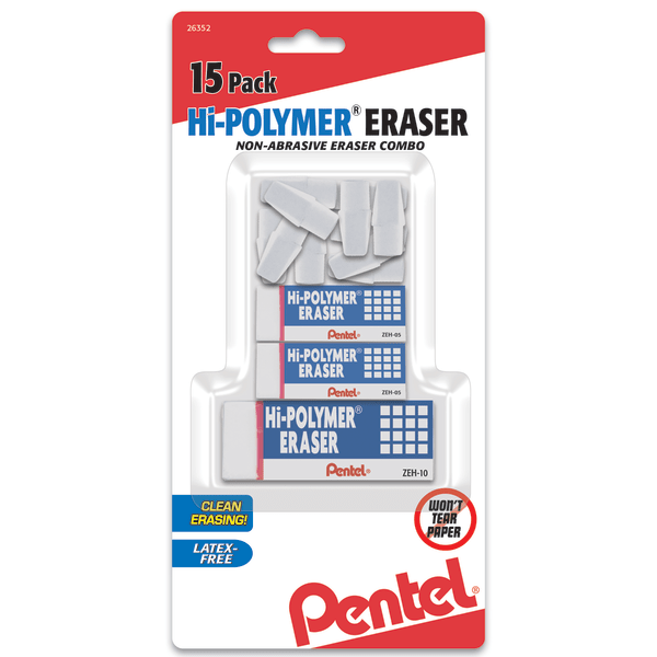 slide 1 of 1, Pentel Hi-Polymer Eraser Combo Pack, White, Pack Of 15, 15 ct
