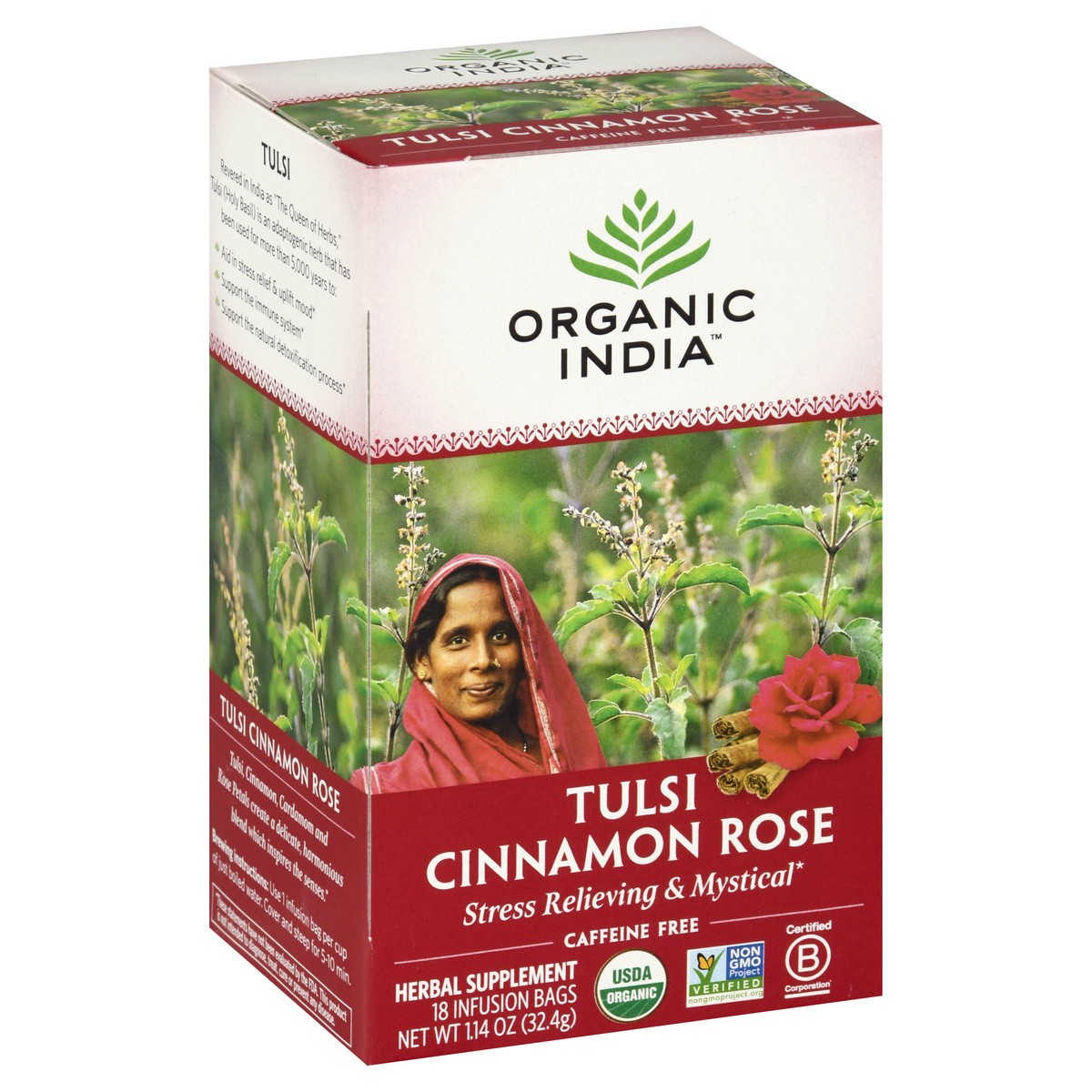 slide 9 of 13, Organic India Caffeine Free Infusion Bags Tulsi Cinnamon Rose Herbal Supplement 18 ea, 18 ct