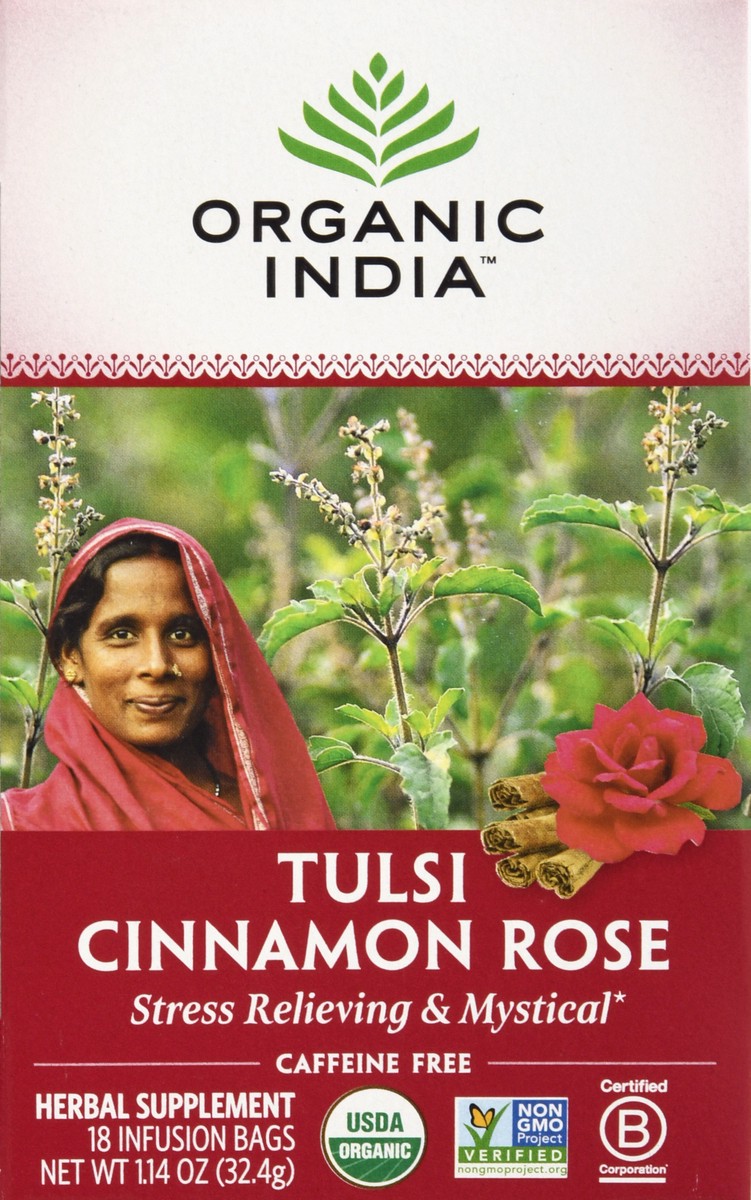 slide 6 of 13, Organic India Caffeine Free Infusion Bags Tulsi Cinnamon Rose Herbal Supplement 18 ea, 18 ct