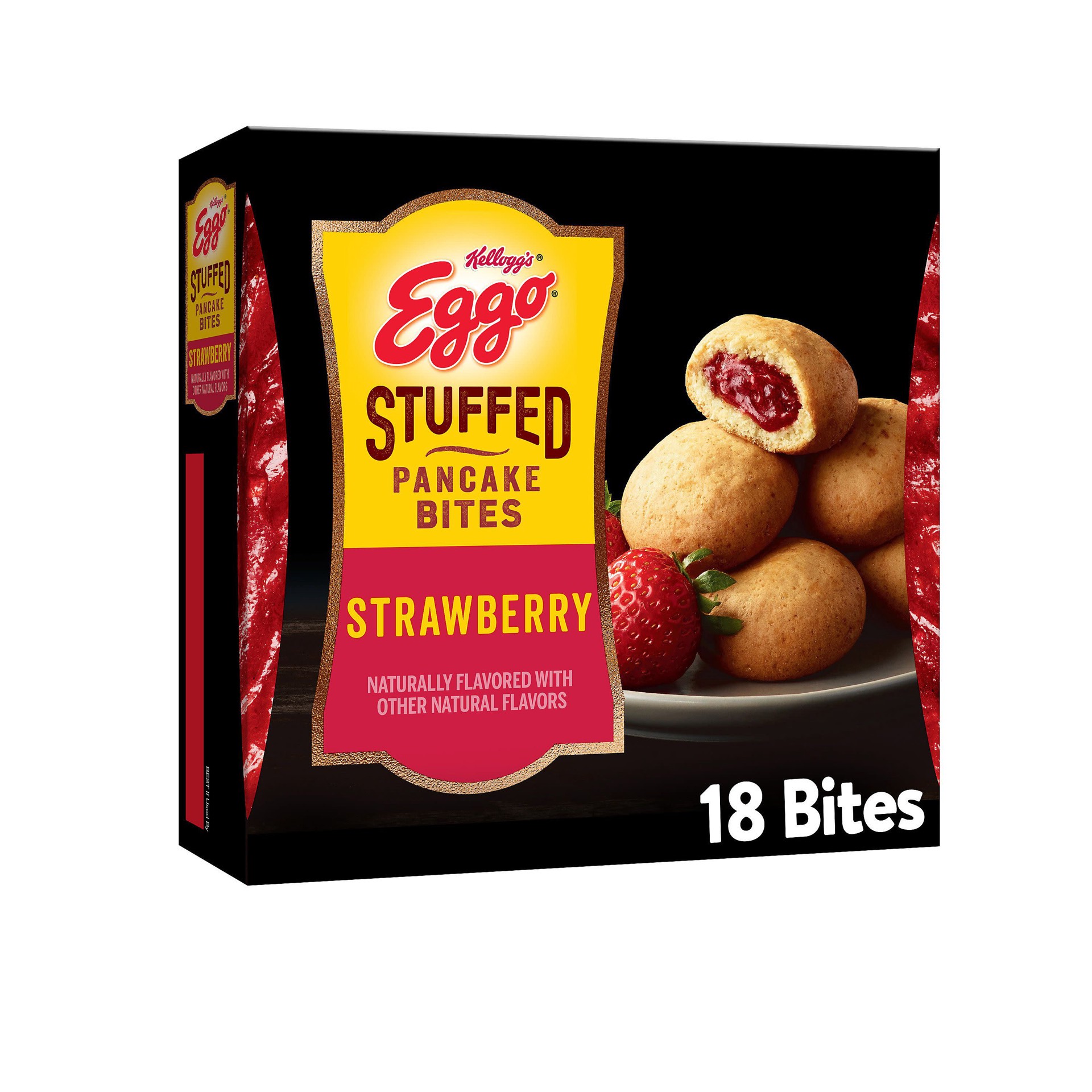 slide 1 of 8, Eggo Frozen Stuffed Pancake Bites, Frozen Breakfast, Strawberry, 10.15oz Box, 18 Bites, 10.15 oz