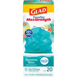 Glad ForceFlex MaxStrength Tall Kitchen Trash Bags, Bahama Bliss with Febreze Freshness, 13 Gallon, 20 Bags