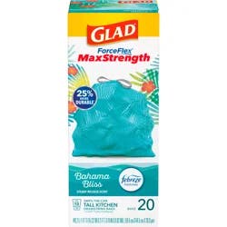 Glad ForceFlex MaxStrength Tall Kitchen Trash Bags, Bahama Bliss with Febreze Freshness, 13 Gallon, 20 Bags