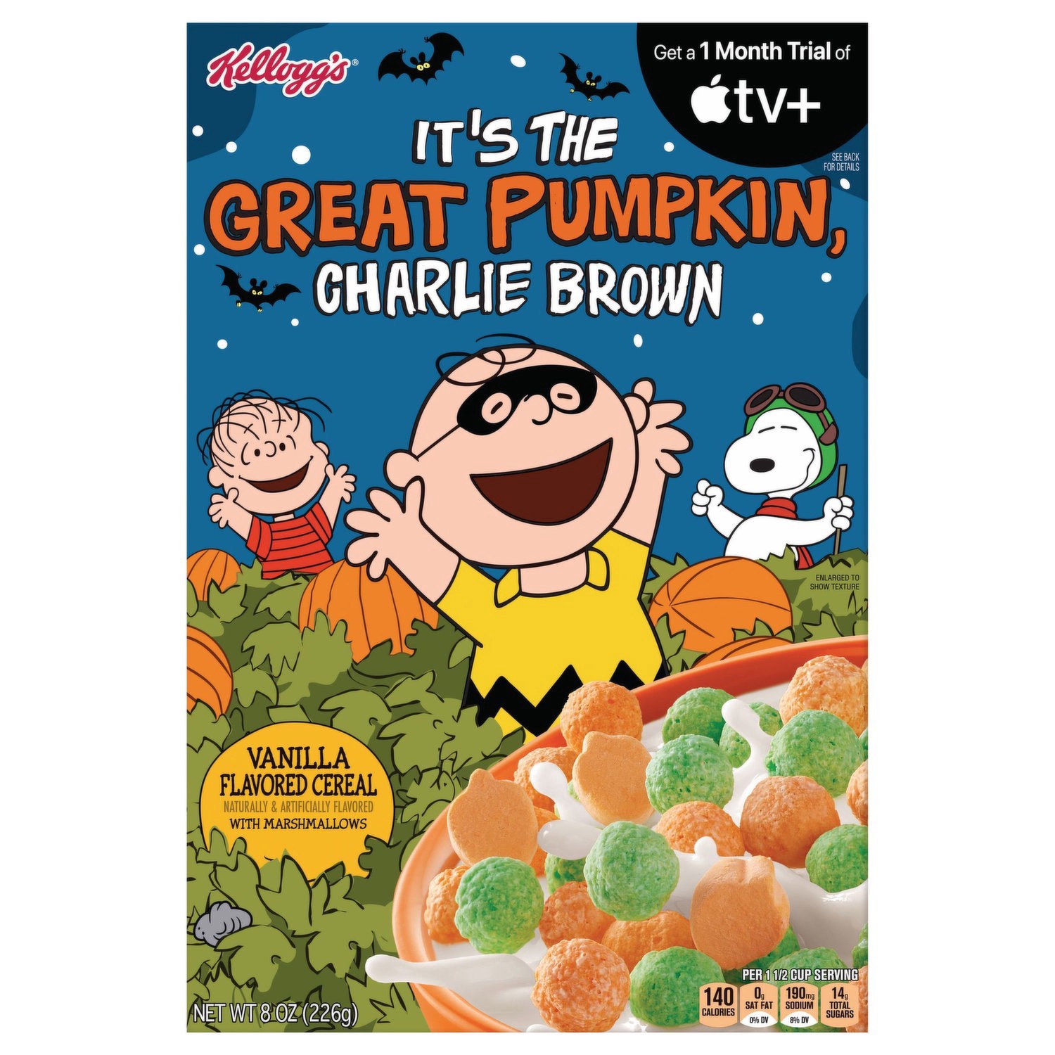 slide 1 of 1, Kellogg's Charlie Brown Cold Breakfast Cereal, Halloween Cereal, Family Breakfast, Vanilla Flavored, (1 Box) - 8 oz, 8.2 oz