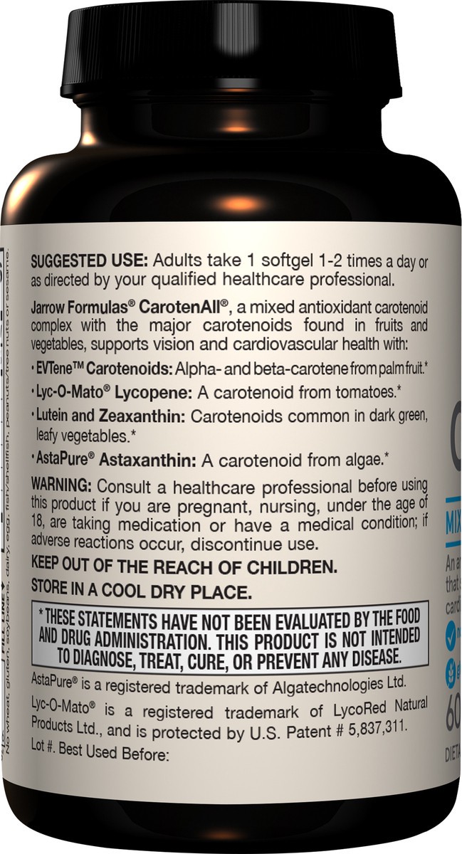 slide 3 of 4, Jarrow Formulas CarotenAll - 60 Softgels - Supplement Provides Seven Major Carotenoids Found in Fruits & Vegetables to Support Cardiovascular & Vision Health - Up to 60 Servings, 60 ct