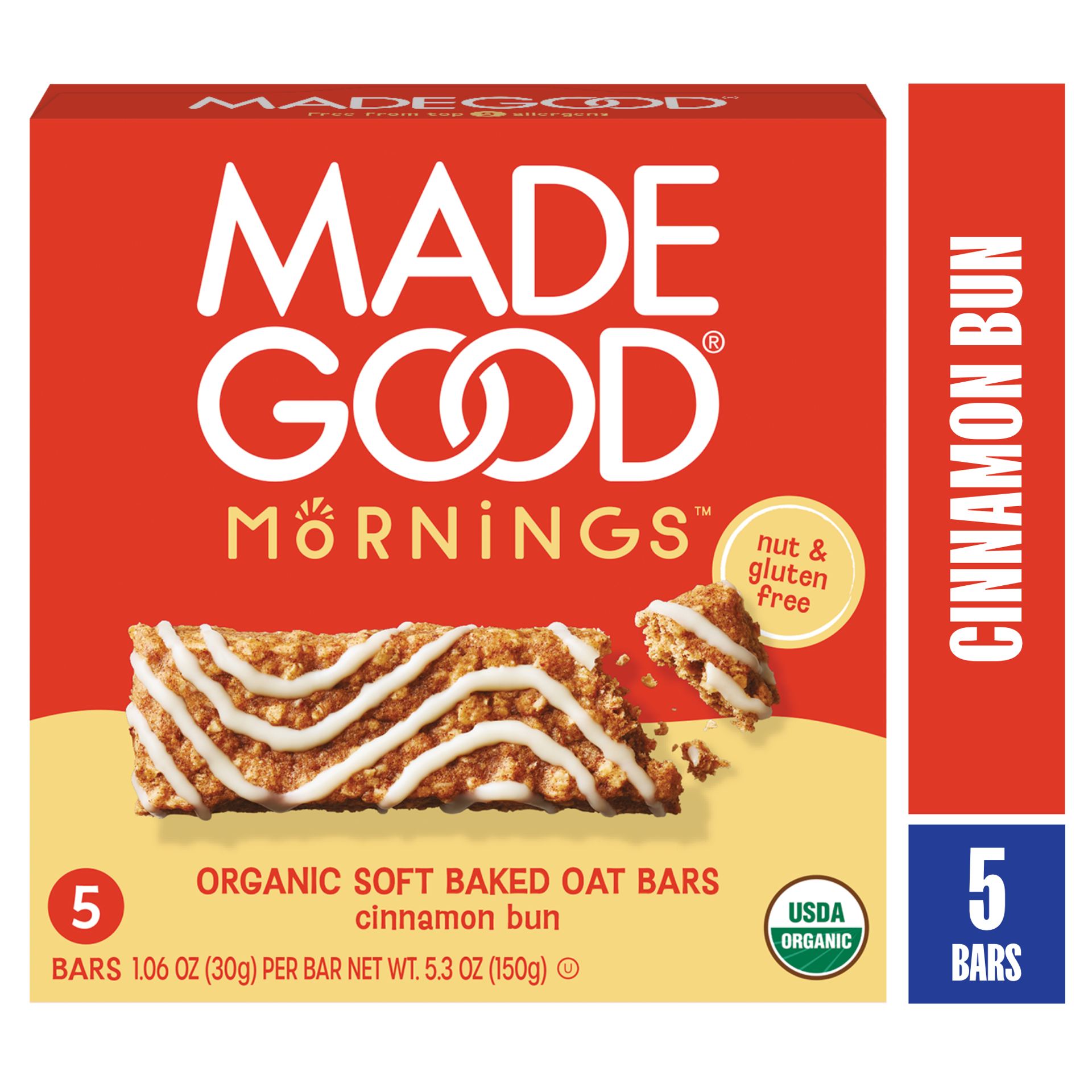 slide 1 of 9, MadeGood Mornings Soft Baked Cinnamon Bun Flavor Oat Bars 5 - 1.06 oz Bars, 5.3 oz