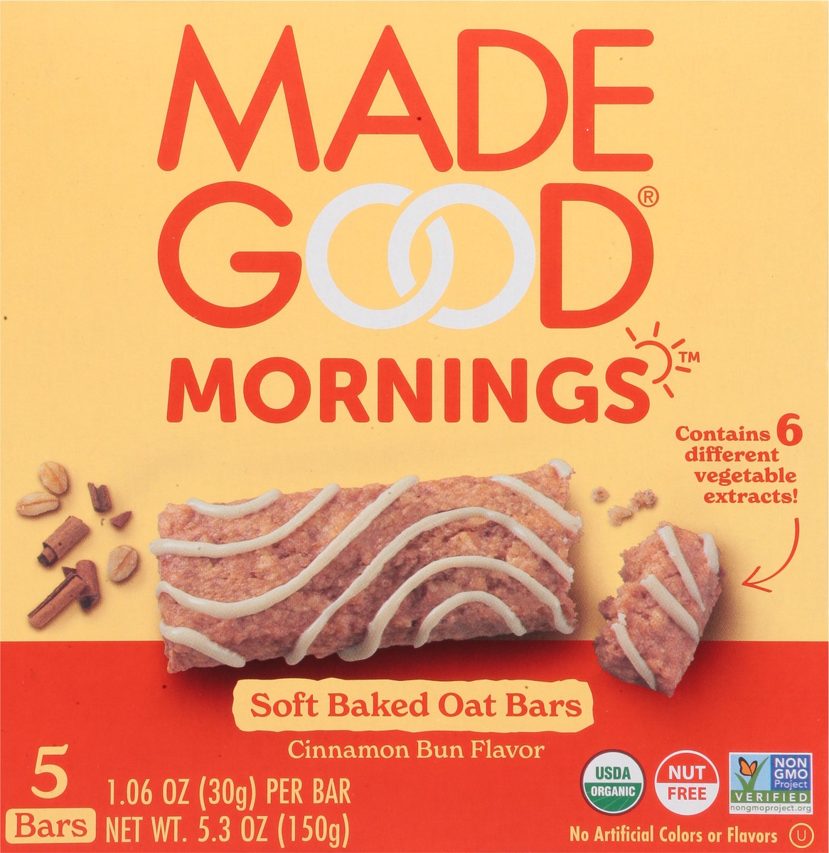 slide 7 of 9, MadeGood Mornings Organic Soft Baked Cinnamon Bun Oat Bars 5 - 1.06 oz Bars, 1.06 oz x 5 ct
