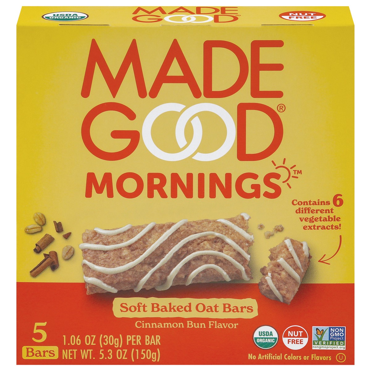 slide 1 of 9, MadeGood Mornings Organic Soft Baked Cinnamon Bun Oat Bars 5 - 1.06 oz Bars, 1.06 oz x 5 ct